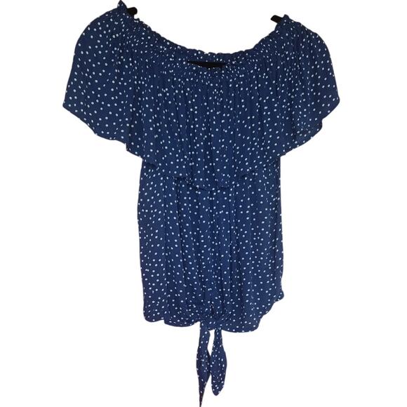 Express Tops - NWT Express Blouse Women's Medium Flouncy Tie Front Blue and White Polka Dot